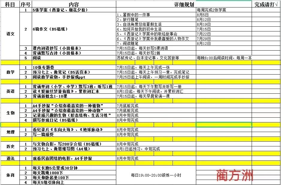 初一每日计划表格的制定与执行